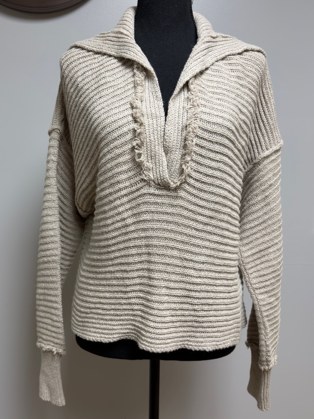 Free People Cream Ribbed Hooded Pullover